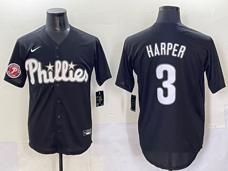 Men 2025 Philadelphia Phillies 3 Harper Black Fashion Nike MLB Jersey style 7046